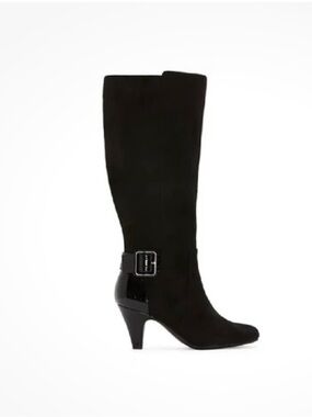 East 5th Black Knee-High Buckle Heel Boots with Patent Accent